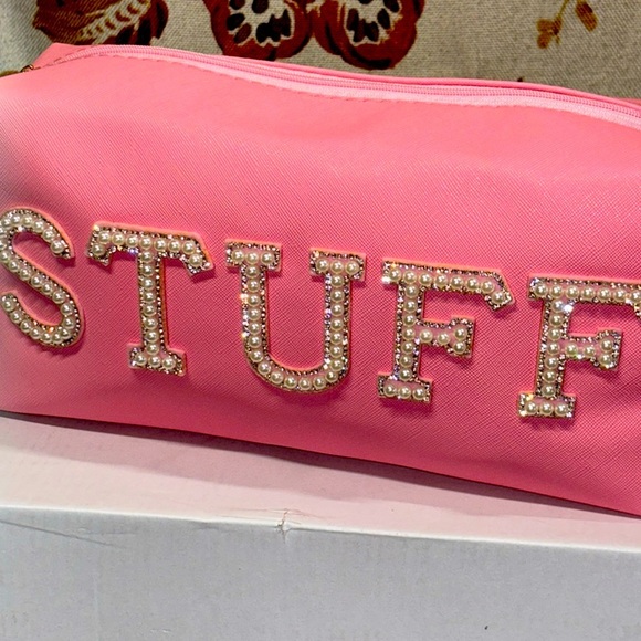 Pearl Rhinestone Stuff Letter Pink Patch Makeup Bag Extra Large Cosmetic Pouch - Picture 1 of 7
